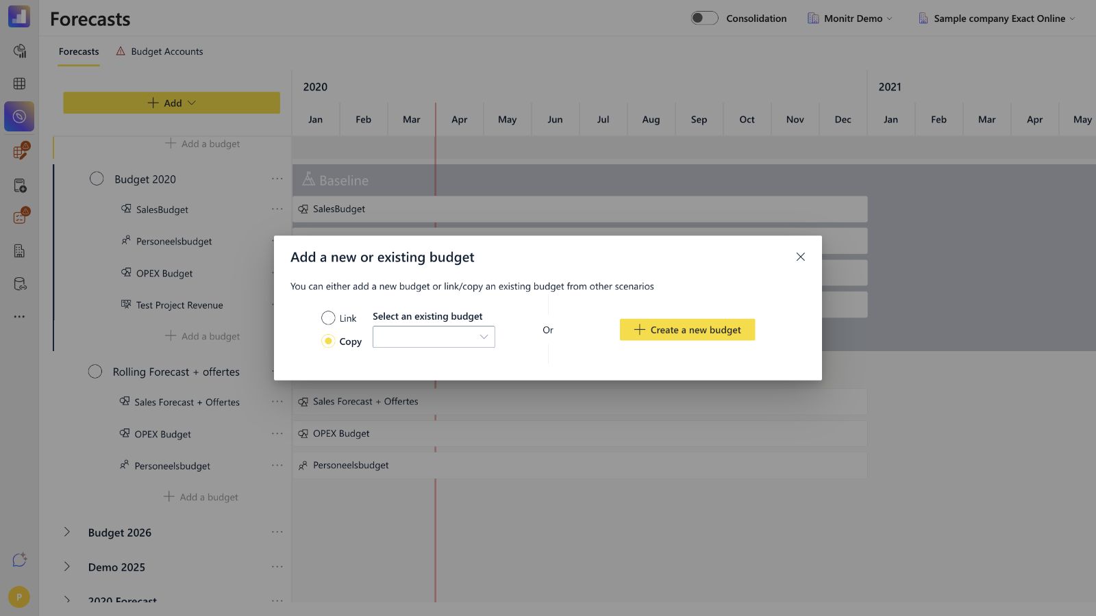Choose whether to link, copy or create a budget