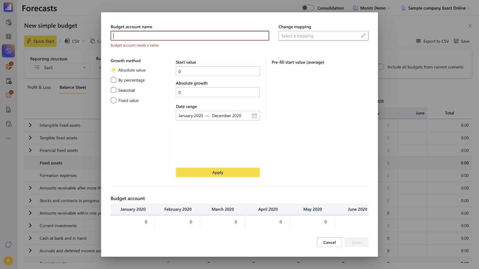 Instellingenvenster voor budgetrekening